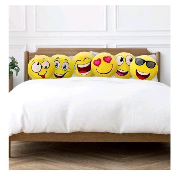6 Emoji 12" Emoticon Cushion Pillow Round Yellow Stuffed Plush Set Soft Toy - Picture 2 of 7